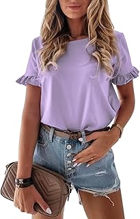 PRETTYGARDEN Women's Short Sleeve Casual T Shirts Summer Ruffle Plain Round Neck Loose Fit