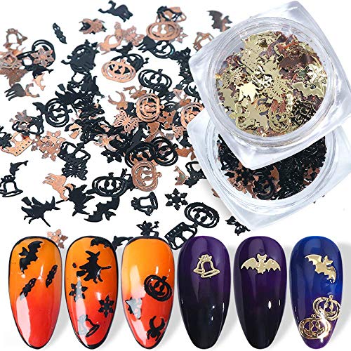 BFY Halloween Nail Art Stickers Decals Nail Art Supplies 2 Box Gold Black Metal Pumpkin Witch Spider Bat 3D Halloween Design Holographic Nail Sequins Glitter for Acrylic Nail Halloween Party Supply