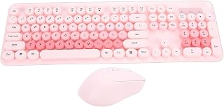 Asixxsix Wireless Keyboard and Mouse Combo, 104 Keys Retro Round Keycaps Typewriter Keyboard, Cute Wireless Mouse for Computer, Desktop, Laptop (Pink)