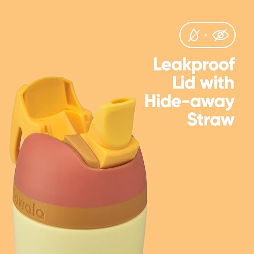 Miniatura 2 de Owala Botella de agua de acero inoxidable con aislamiento abatible para niños con popote y tapa de bloqueo, 14 onzas, naranjaamarillo (Misty Horizon)