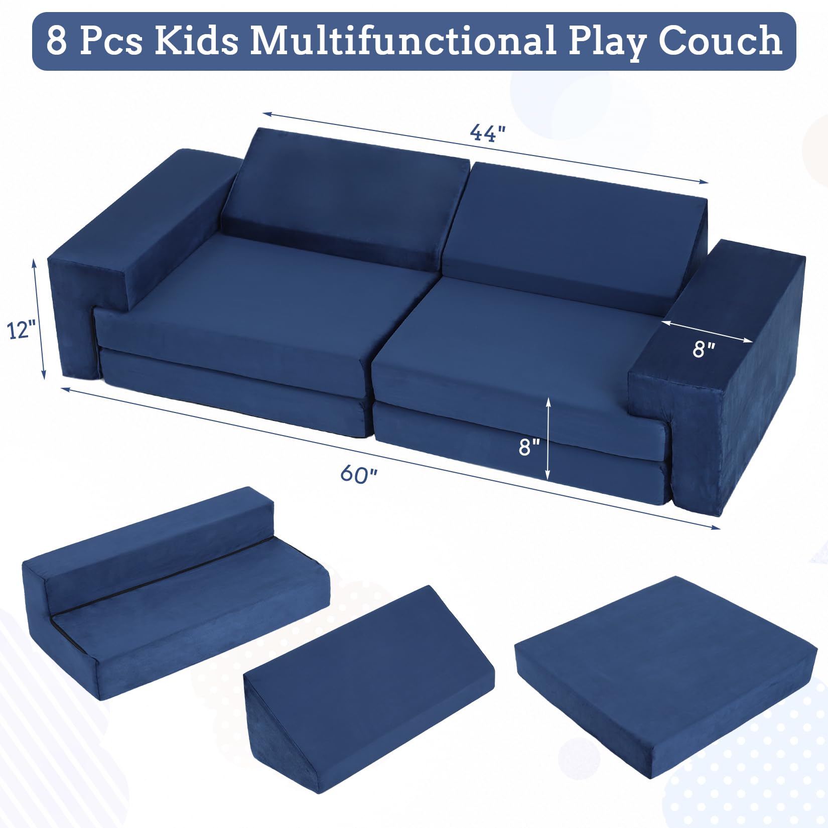 GarveeHome Modulares 8-teiliges Kindersofa-Set – Hochdichter Schaumstoff, wandelbares Polstermöbel – Abnehmbare Bezüge, langlebig & stilvoll für Jungen & Mädchen, Kinderzimmer, Dunkelblau
