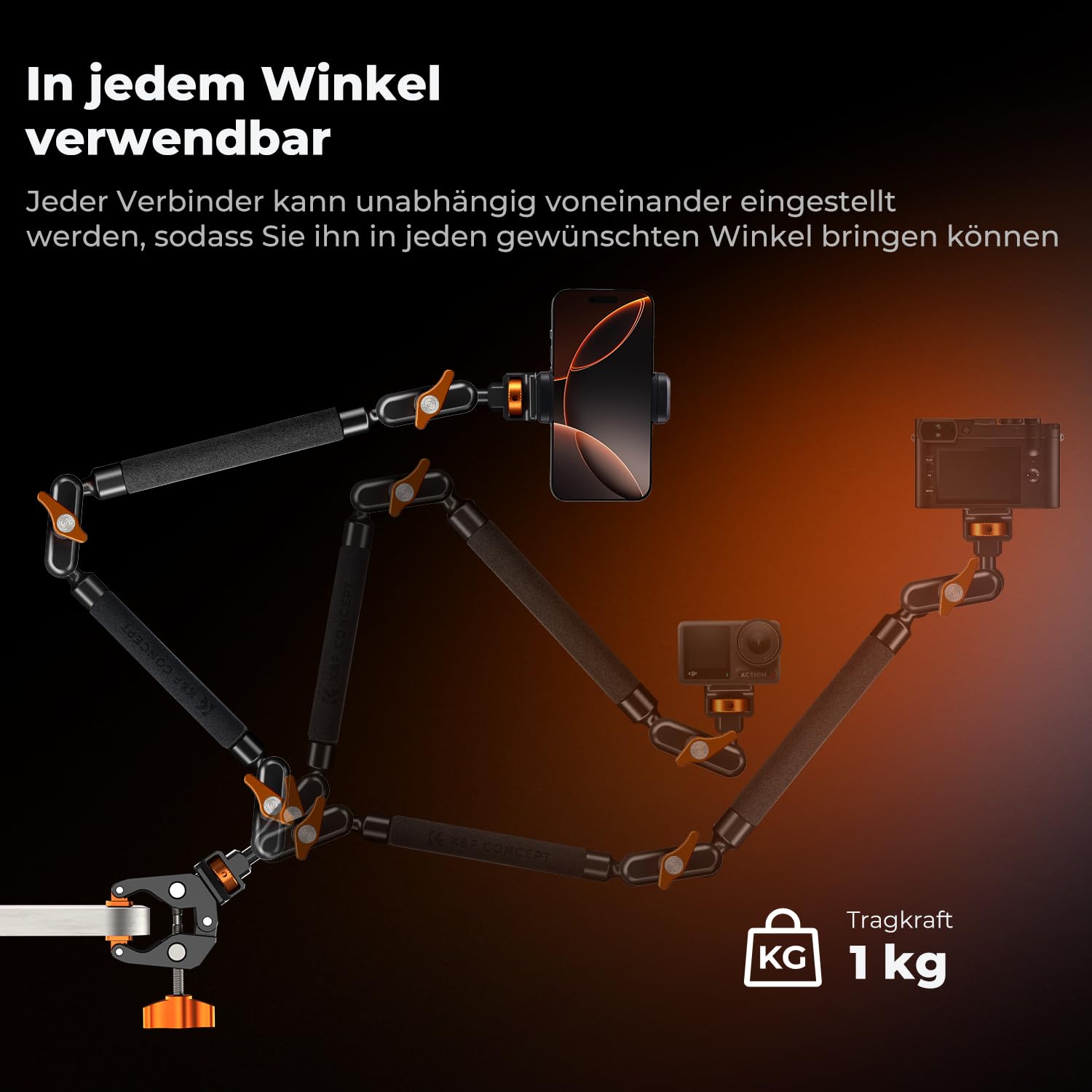 K&F CONCEPT 22" Magic Arm mit Klemme, Spezial für Tischkamera, Monitor arm, Mikrofon arm, Handyhalterung mit Doppel Kugelkopf, Schwenkarm kompatibel mit iPhone Monitor Mikrofon Action Kamera Leuchte