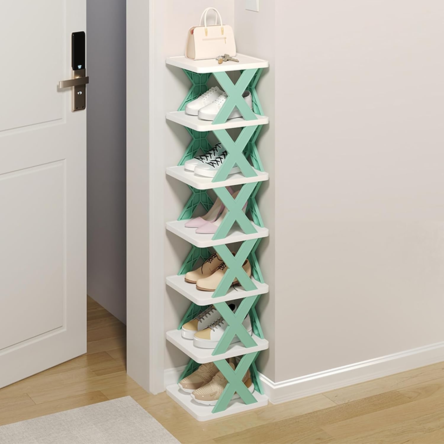 Multi-Layer Free Standing Shoe Rack - Narrow Stackable Plastic Organizer for Small Spaces, X-Shape Fixed Frame, Easy Clean 3-Tier Tower Shelf (Blue)