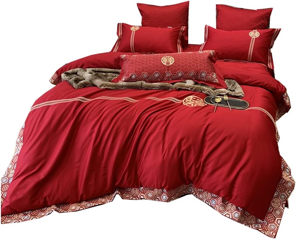 Chinese Style Big Red Long-Staple Cotton Wedding Four-Piece Set of Cotton Ethnic Embroidery Wedding Bridal Bedding (Colour: Red 6-Piece Set Size: 2m) (Red 4 Piece Set)