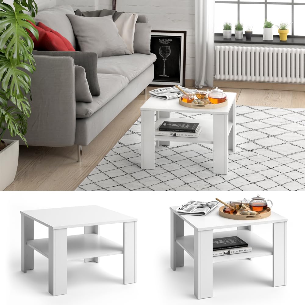 Vicco Couchtisch Homer, Weiß, 60 x 60 cm, zur Aufbewahrung von Zeitschriften und Fernbedienungen