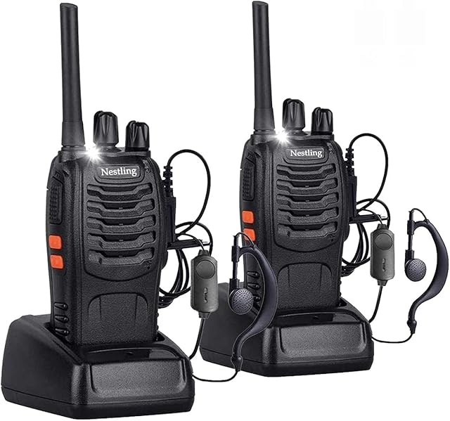 QITAO 2Pcs Rechargeable Walkie Talkies Long Range 2 Way Radio + Original Earpieces Walky Talky 16CH Single Band Supports VOX LED Light Voice Prompt for Biking and Hiking