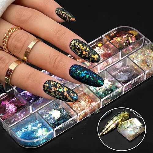 12 Grids Iridescent Ice Crystal Opal Sequins Nails Flakes Holographic Sparkly Brocade Aurora Glitter Powder Colorful Glass Paper Pigments Charms Gel Polish Powder Make Up Diy Nail Decoration Manicure #TOP2