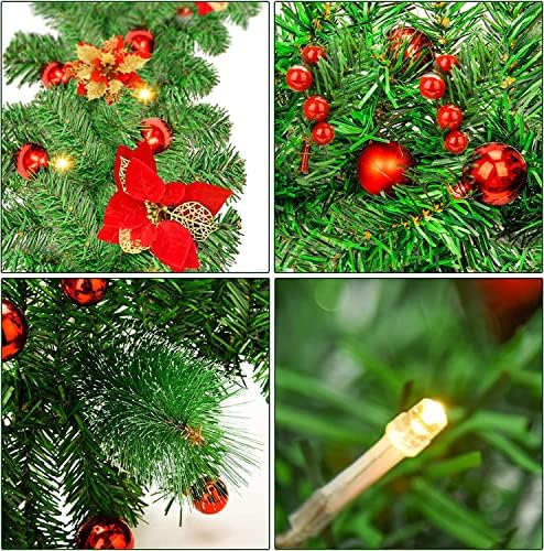 270cm (9ft) Pre-Lit Decorated Garland|Christmas Garland Decoration, Christmas Garland with Lights for Xmas Tree Stairs Décor Christmas Fireplace Decorations (Red)