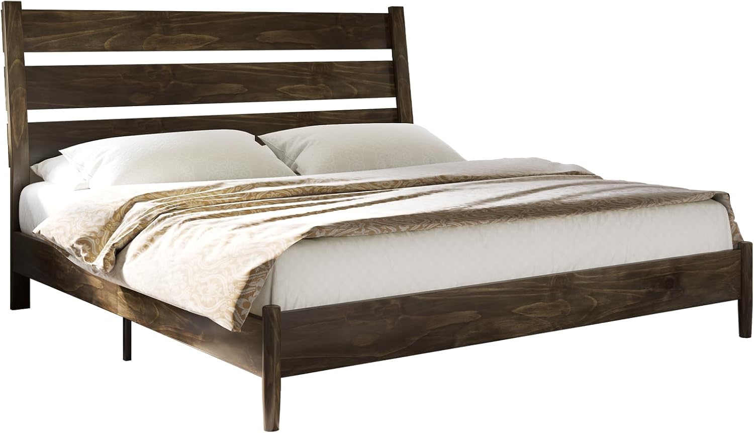 AMERLIFE Solid Wood King Size Bed Frame, Mid Century Modern Platform Bed Frame with Reclining Headboard, Sturdy & Noise Free, No Box Spring Needed, Dark Brown
