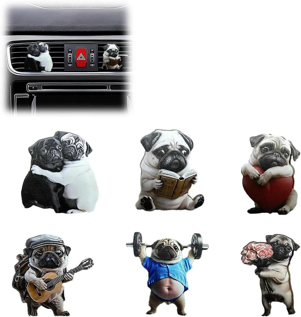 Adorable Pug Car Dashboard Air Vent Trim Clips, 2D Cute Car Air Vent Clips, Fun Auto Air Outlet Clip Charm, Universal Vehicle Interior Accessories for Women Girls(Flower)