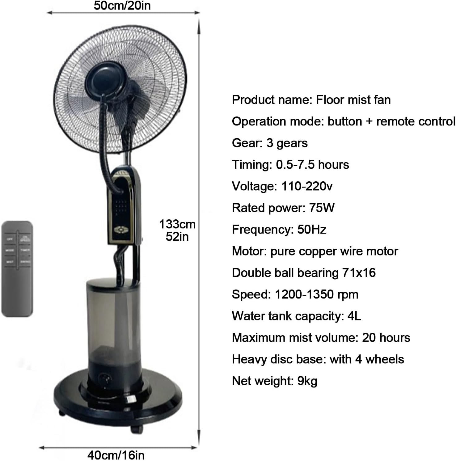 16in Misting Fan With Remote Control, Cool Mist Fan With 4L Water Tank, 90 Degree Oscillation, 3 Cooling Speeds, for Office Outdoor Camping Bedroom