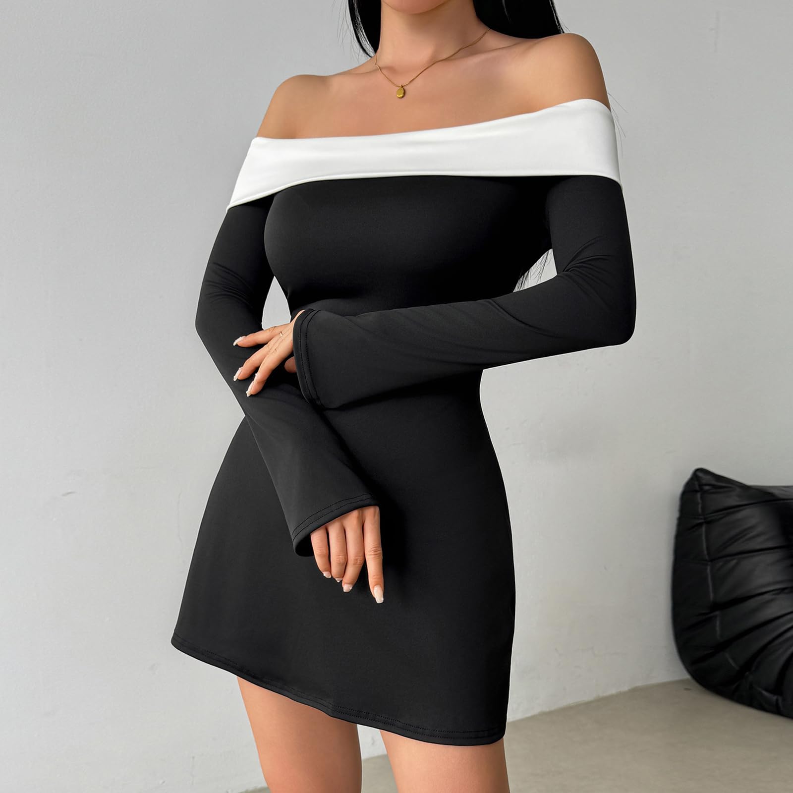 Robe Femme Sexy à Manches Longues Mini Robes Moulante Épaules Dénudées Élégante Robes Courte Plis A-Ligne Robe de Soirée Chic et Glamour Bloc de Couleur pour Cocktail Fête Clubbing Automne