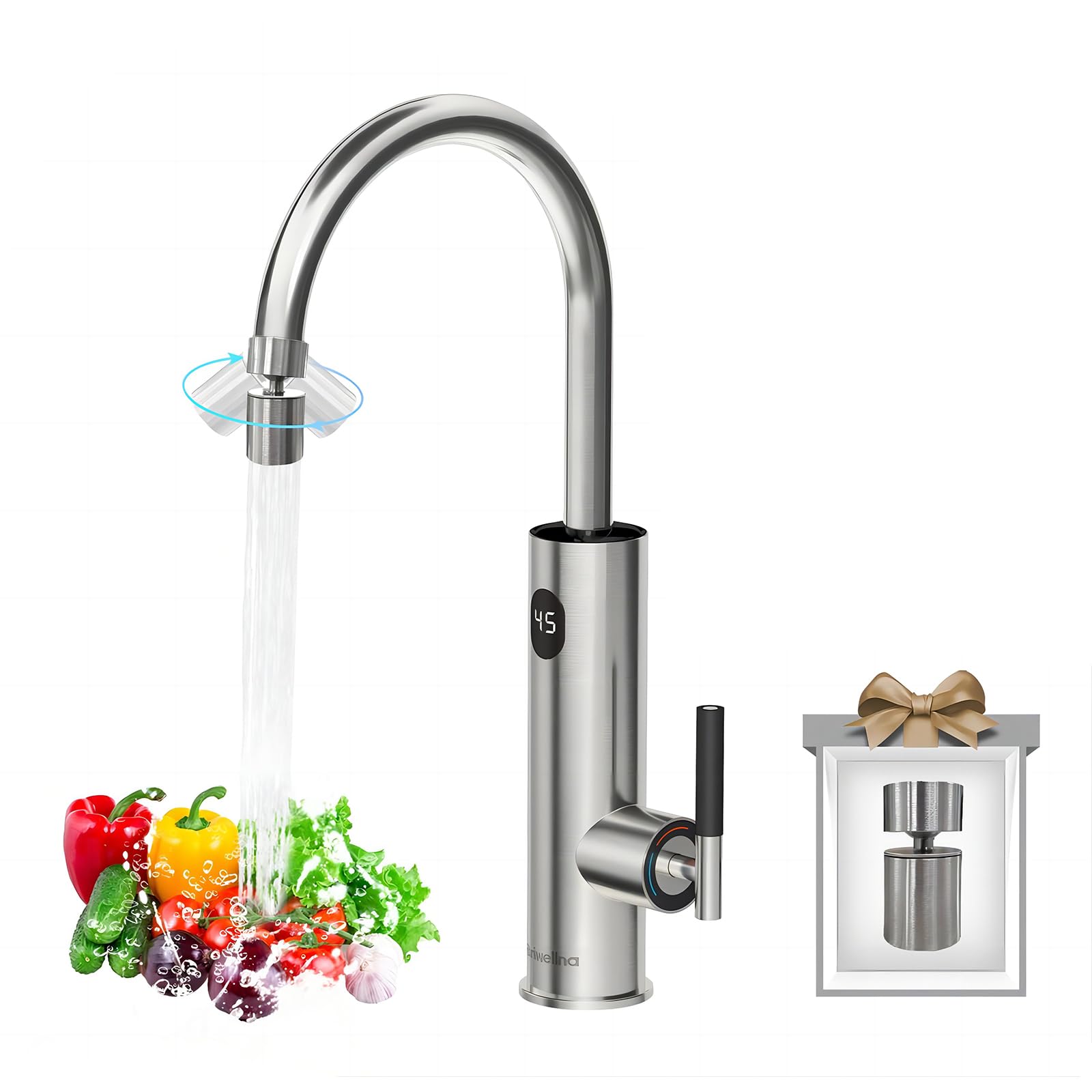 Briwellna Instant Hot Water Tap, 220V Stainless Electric Tap Universal Nozzle, Flexible and Convenient, 360 Degrees Rotate Cold and Water Heater Faucet (Silver)