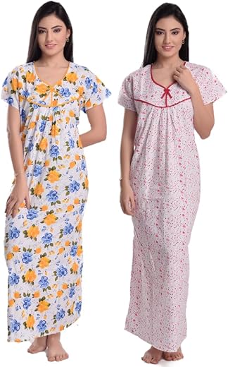 CIERGE Women's Cotton Printed Nighty Night Gown Maxi Free Size (Pack of 2)
