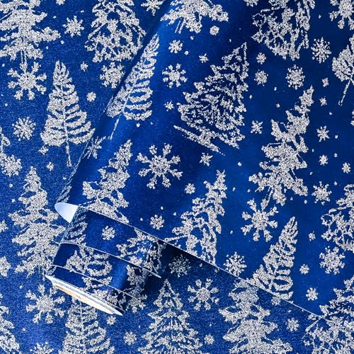 Dlyrroba Reversible Newspaper Christmas Wrapping Paper Jumbo Roll - Vintage Holiday Gift Wrap with Metallic Foil Shine Gold Xmas Design for Women Men Kids Holiday Winter Celebration (Navy Blue Christmas Tree 17 Inches X 16.5 Feet)