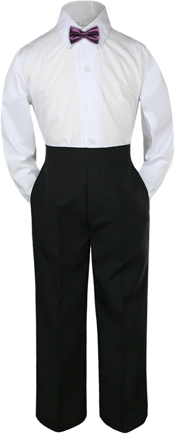 3pc Shirt Black Pants Bow Tie Set Baby Toddler Kid Boy Party Formal Suit 8-20 (Size: 8, Eggplant)