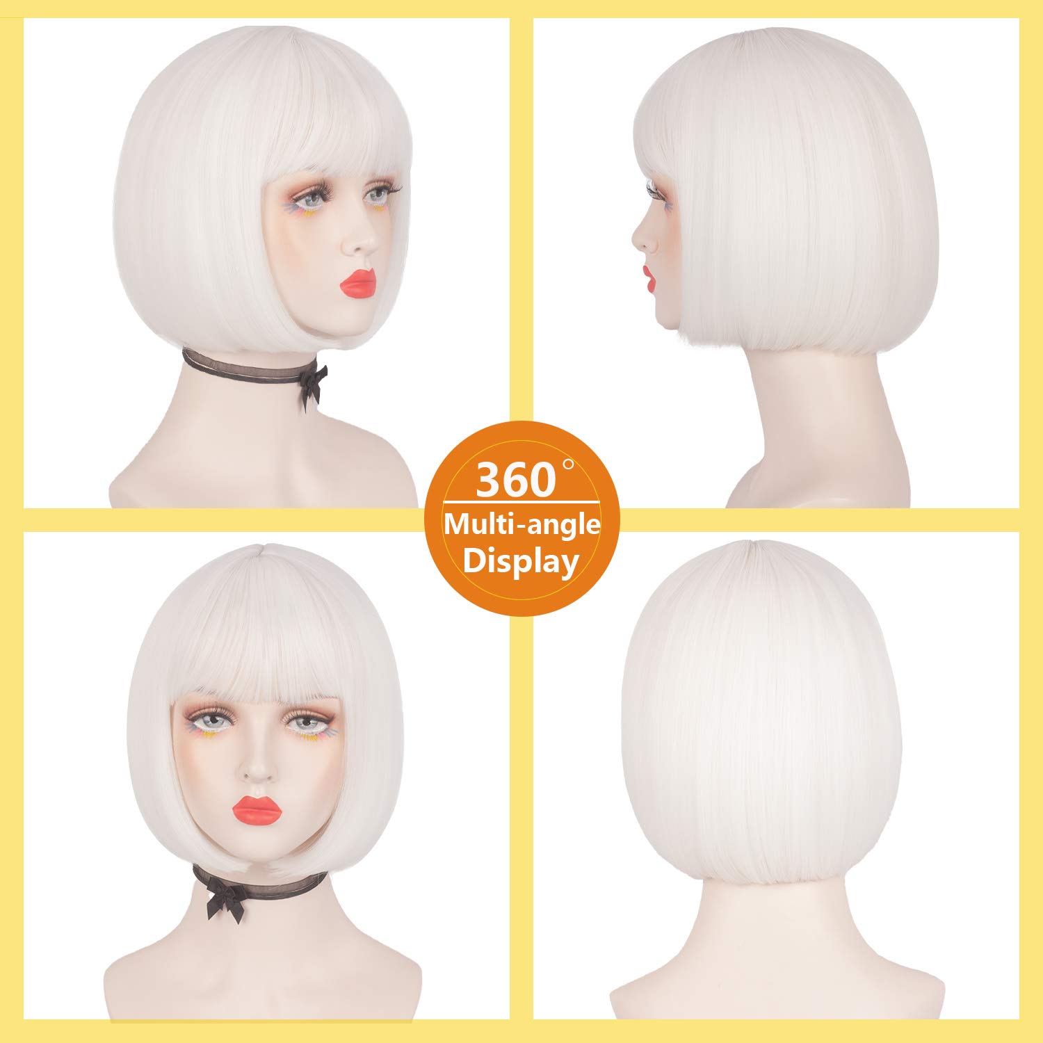 Womens' Bob Wigs Short White Wig with Bangs Short Bob Bang White Wig for Party Halloween Costume Cosplay 10 Inches