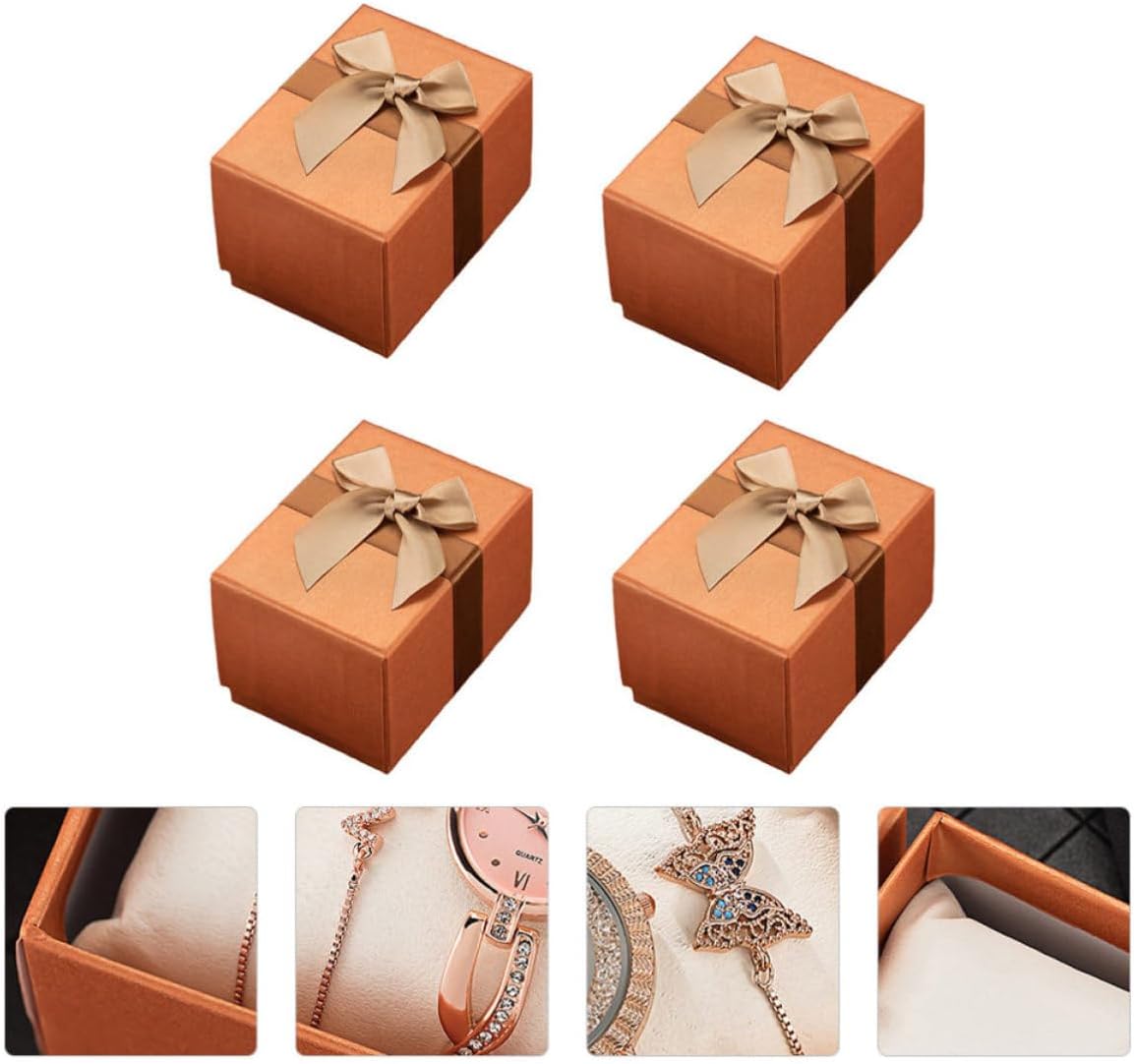 4pcs Orange Paper Watch Gift Boxes with Ribbon Bowknot Xmas Jewelry image 4
