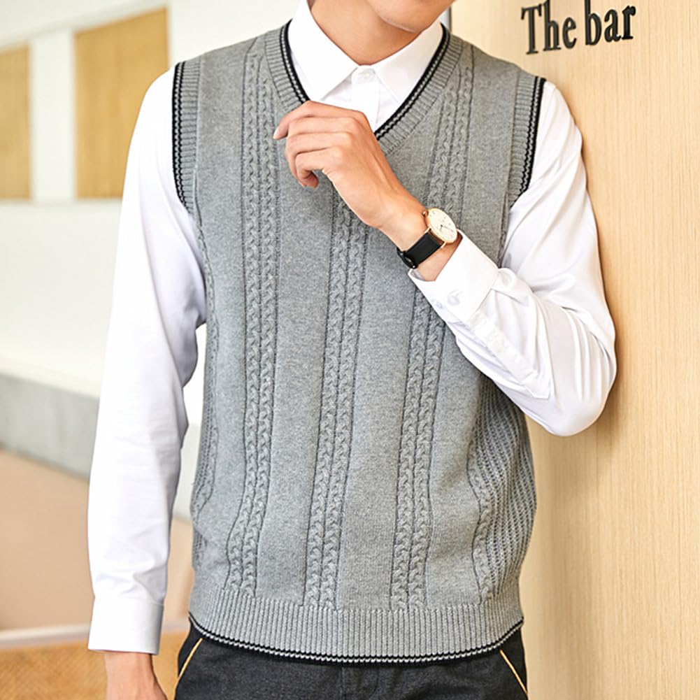 Pull sans Manches pour Homme Gilet Tricoté à col en V Coton