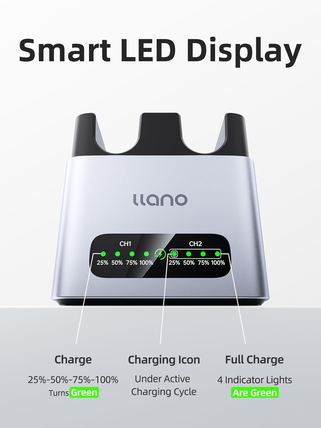 llano 20W LP-E17 Dual-Slot Battery Charger with batteries inserted