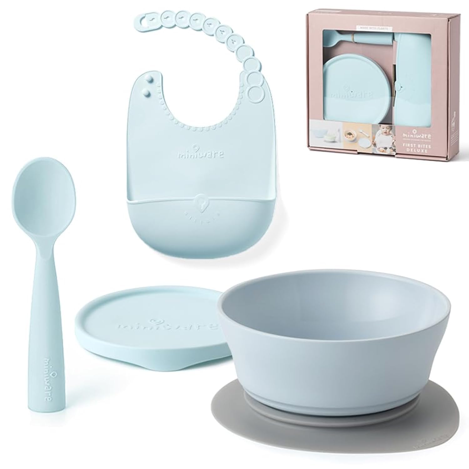 Miniware First Bites Deluxe Set: Cereal Bowl, Detachable Suction Foot, Training Spoon, Silicone Bib for Baby Toddler Kids | Promotes Self Feeding | BPA Free | Dishwasher Safe (Aqua)