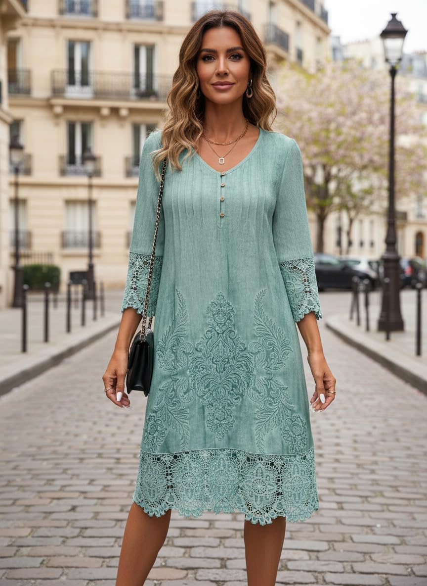Women's V Neck 3/4 Sleeve Embroidered Midi Dress Boho Lace Trim Washed Tunic Dress Vintage Loose Fit Peasant Dress - Image 5
