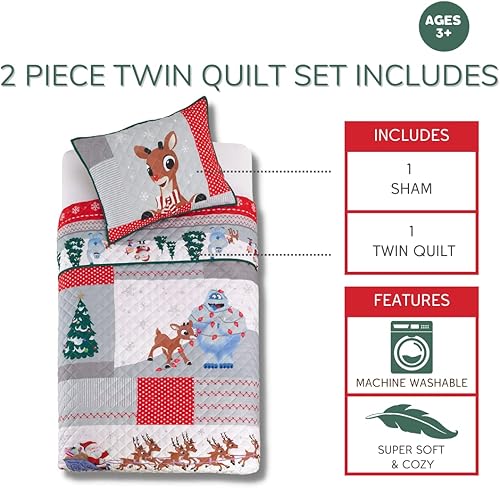 Miniatura 2 de Juego de ropa de cama de Navidad del reno Rudolph de nariz roja, colcha y fundas de almohada súper suaves de 2 piezas, tamaño individual 68" x 86",