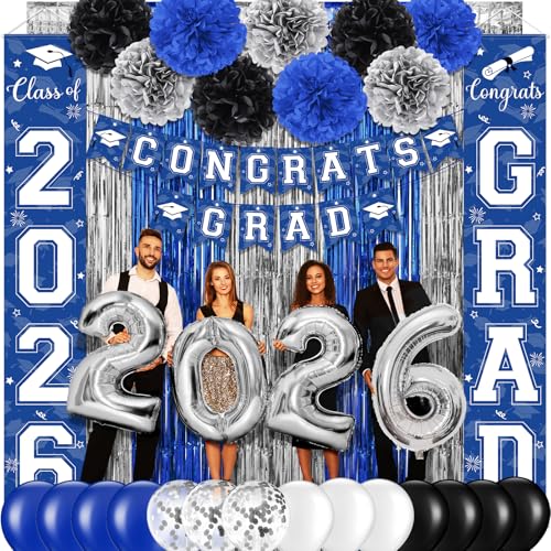 Image of Graduation Party Decorations Class of 2026, Graduation Decorations with Congrats Grad Banner Fringe Foil Curtain Paper Flower Ball Balloons for High School College Grad Party Supplies, Blue