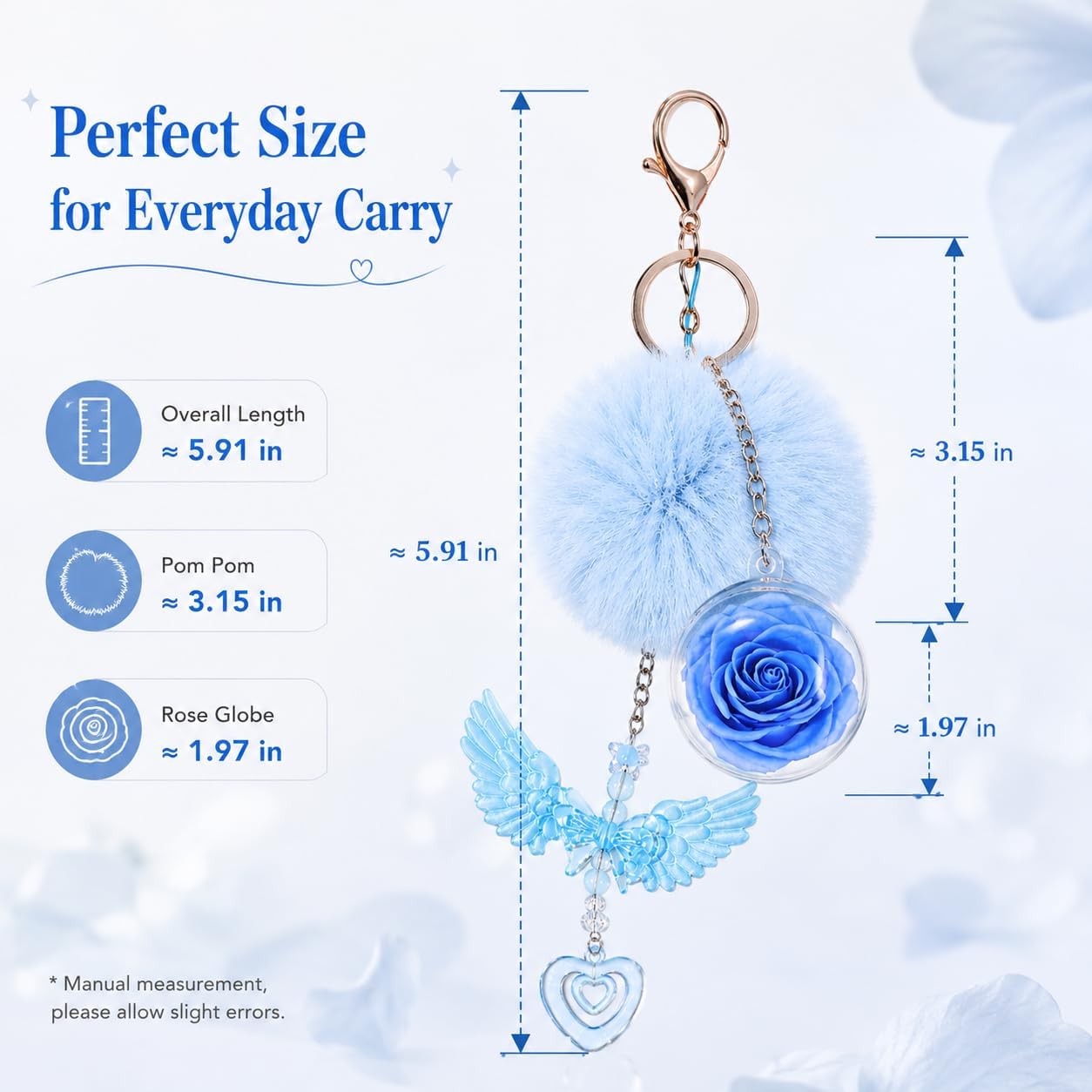 Preserved Rose Keychain for Women, Real Eternal Rose Flower Bag Charm with Faux Fur Pom Pom, Angel Wing Pendant Key Ring for Handbag Backpack, Romantic Gift for Girlfriend Wife Mom | Preserved Rose Valentines Day Gift Mother's Day Gift Birthday Gift