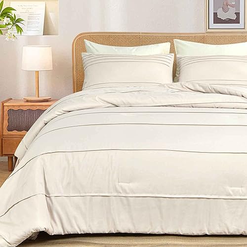 Faincy Juego de edredón beige tamaño King, bohemio, plisado, a rayas, reversible, de plumón alternativo, juego de cama de 104 x 90 pulgadas, 3