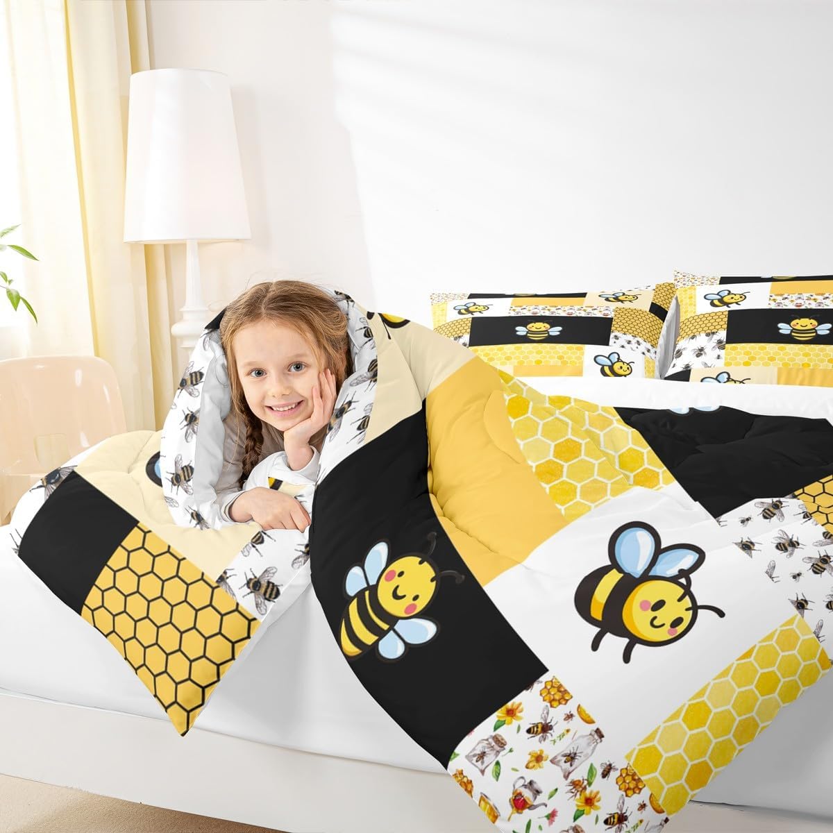 Feelyou Yellow Bee Comforter Set Sweet Honey Bee Comforter for Kids Boys Girls Geometric Lattice Pliad Cute Bee Bedding Set Honeycomb Bee Duvet Set Hexagon Room Decor Quilt Queen Size Boys