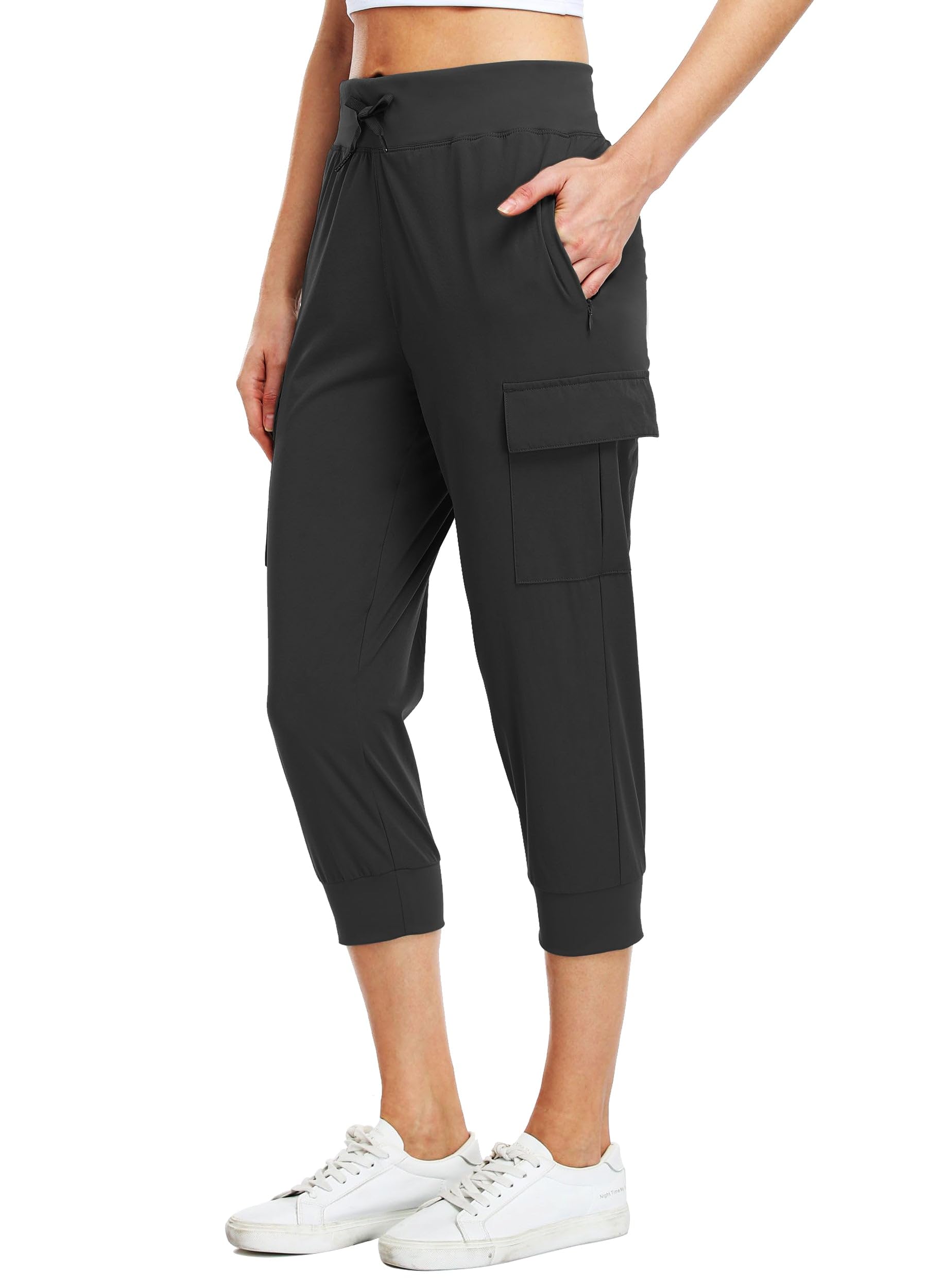 WILLIT Damen Caprihose Cargohose Jogginghose leicht Wanderhose für Workout Outdoor Schnelltrocken Athletik Wasserdicht LSF 50 mit Taschen Schwarz L