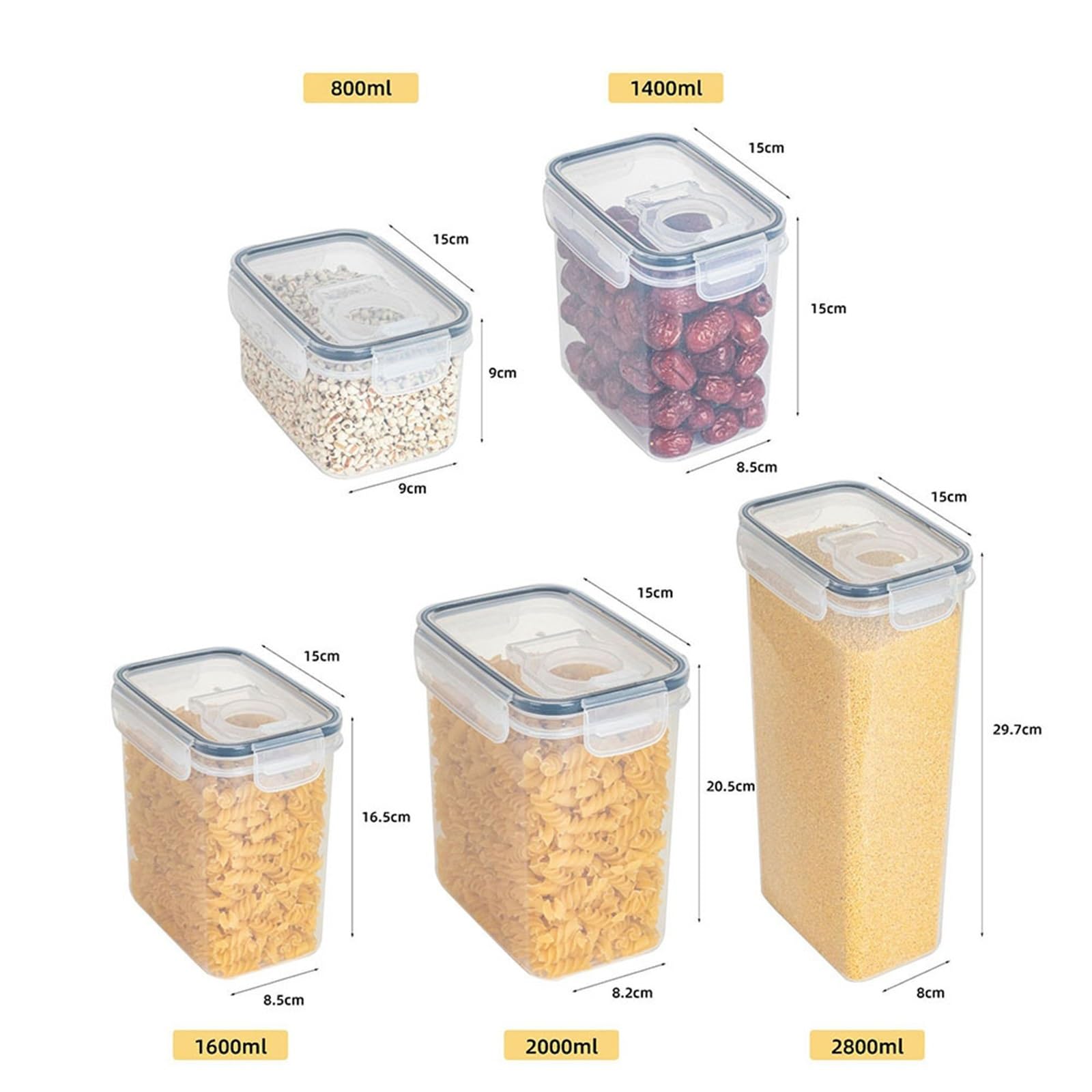 Przezroczyste pojemniki na żywność z pokrywką, dozownik na musli, organizer na fasolę, ryż, musli, pojemnik na zapasy (2,6 l)