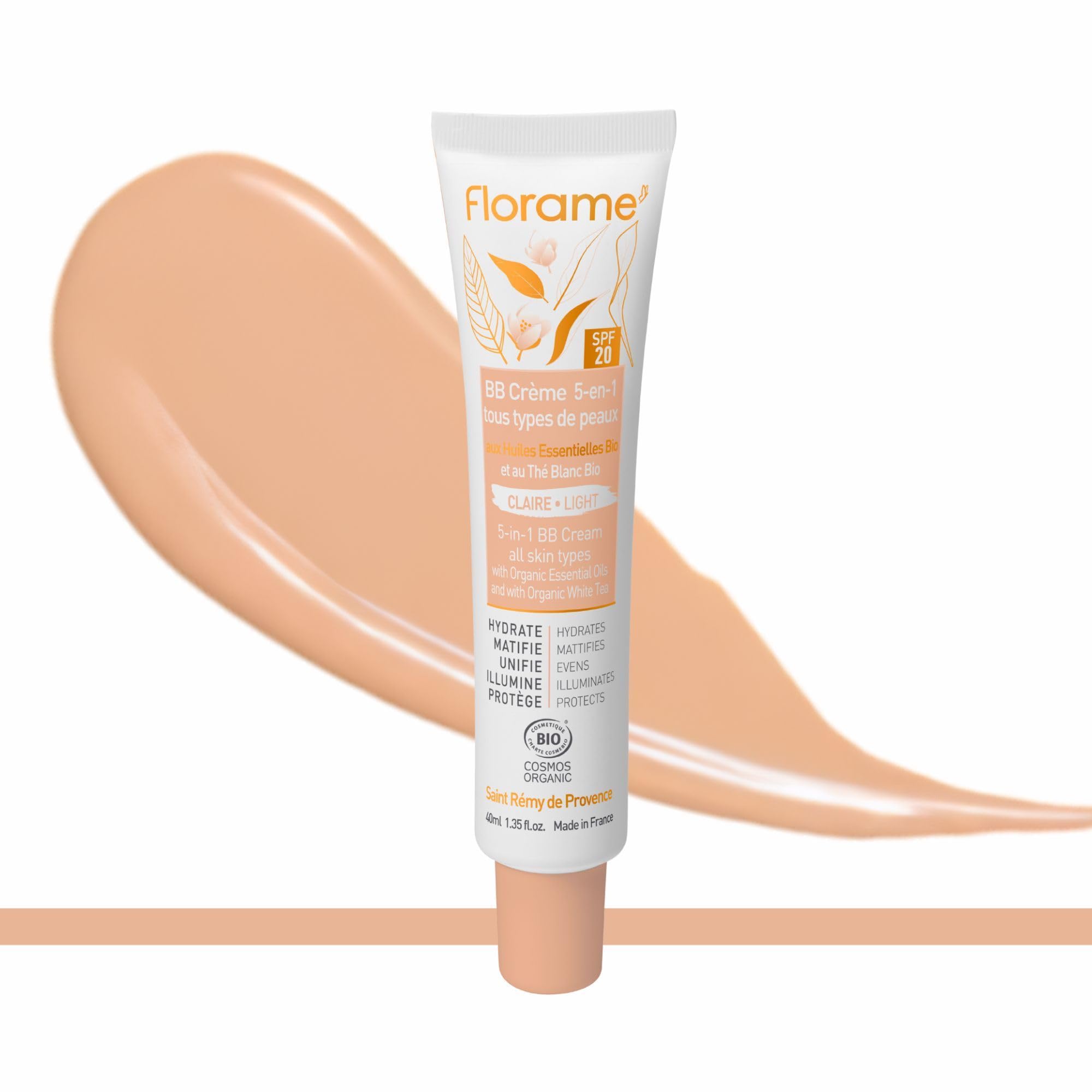 Florame BB Crème 5-​en-​1 SPF 20 – Teint Parfait Naturel – Hydrate, Unifie & Protège – 40 ml – Fabriquée en France - BB crème Claire