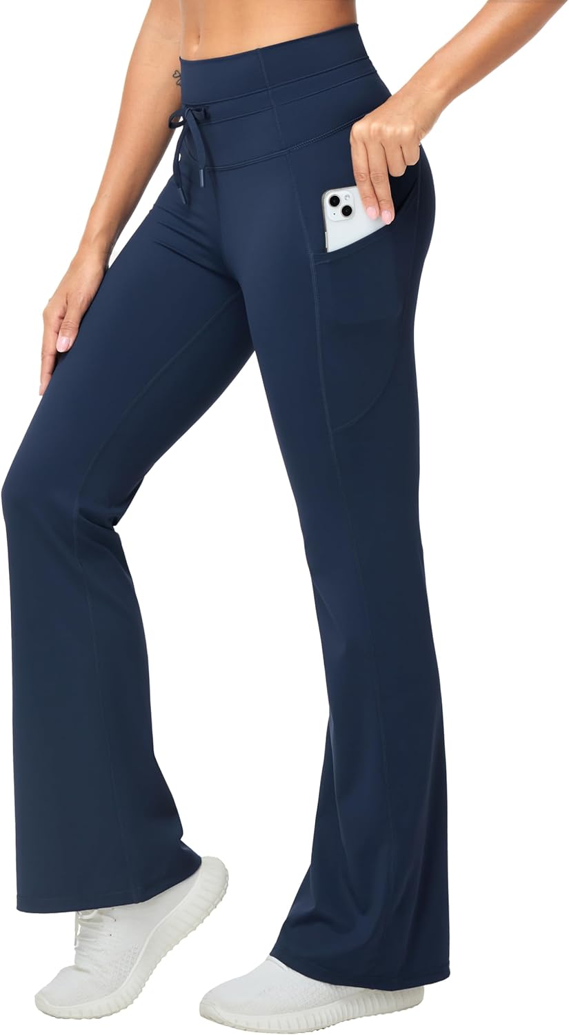 THE GYM PEOPLE Women's High Waisted Drawstring Flare Leggings Workout Soft Stetchy Bell Bottom Yoga Pants with Pockets