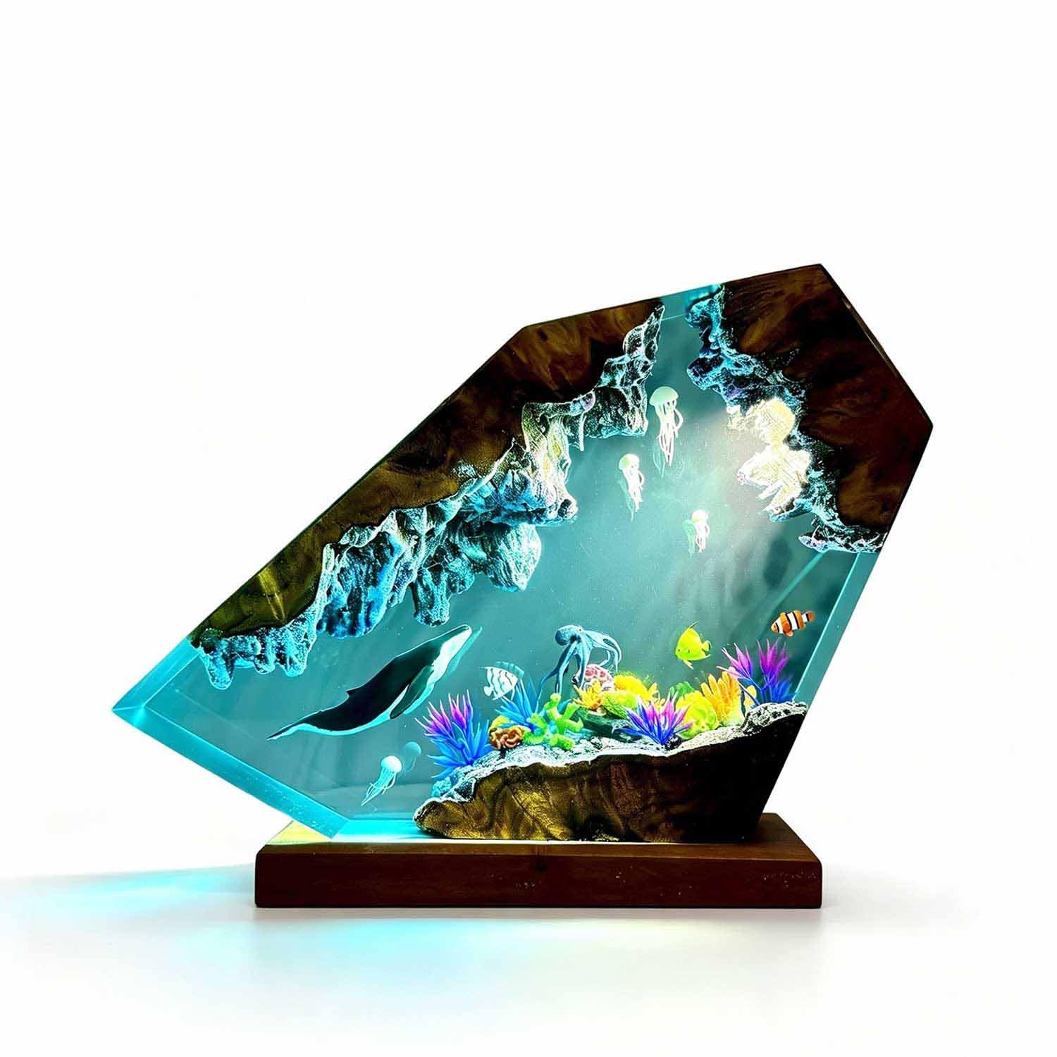 GINZER Cave Epoxy Resin Night Light, Handmade Wood Resin Lamp with Humpback Whale Jellyfish Octopus Coral Micro Landscape, RGB USB Desk Lamp, Unique Ocean Decor Gift for Ocean Lovers(4×6)