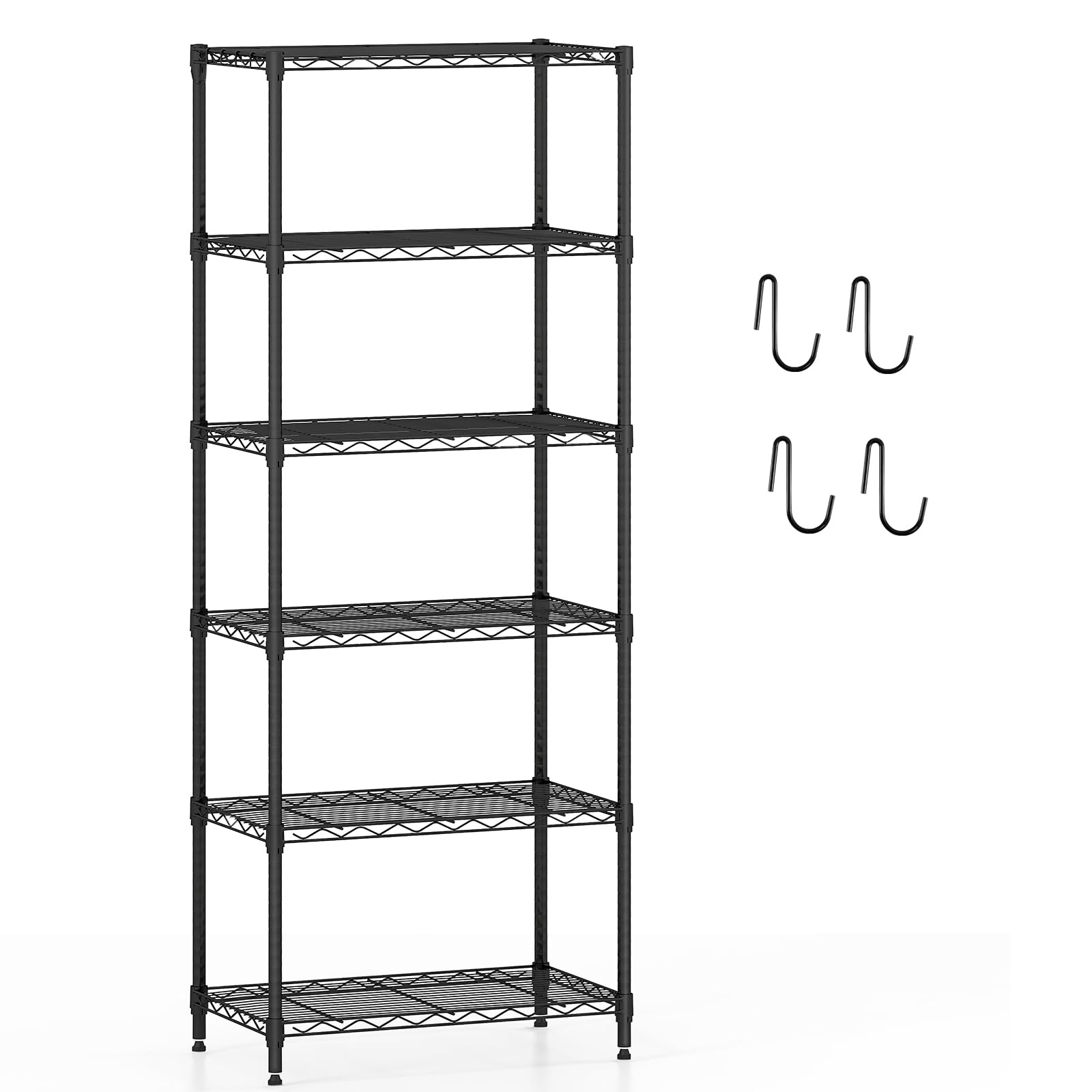 COSTWAY 3/4/5/6-Tier Metal Shelving Unit, Adjustable Wire Storage Shelves with V-shaped Shelving Rack & 4 Hooks, Narrow Utility Storage Shelf for Home Kitchen Garage (59 x 34 x 150cm, 6)