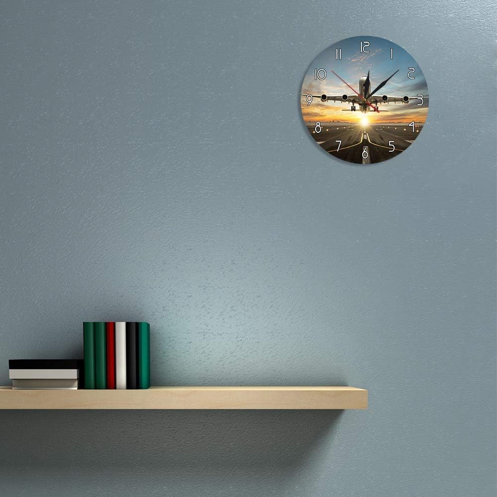 The Geeky Days Airplane Wall Clock Huge Two Storeys Commercial Jetliner Silent Quartz Printed Wall Clock Commercial Airplane Taking of Runway in Dramatic Sunset Light Modern Home Decor