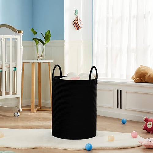 Miniatura 6 de TECHMILLY - Cesta de lavandería de cuerda tejida negra de 58 litros para almacenamiento de ropa y mantas, canasta grande para ropa universitaria,