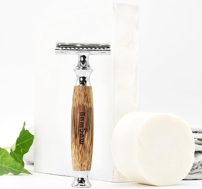 Bambaw Double Edge Razor Men & Women, Reusable Metal Razor Women, Easy & Safe to Use, Close & Smooth Shave with Balanced Weight for Full Control, No Blade Included (Thick Bamboo Silver)