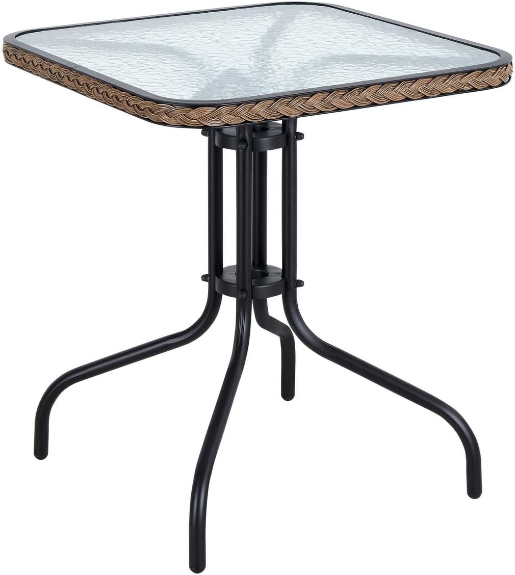 BTEXPERT Indoor Outdoor 28" Square Tempered Glass Metal Restaurant Table Brown Rattan Trim