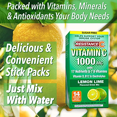 Resistance C Stick Packs 16 Nutrients & 7 B-Vitamins, Help Support Immune System, Powerful Antioxidants, Contains Electrolytes, Green, Lemon-Lime Flavor, 14 Count #TOP2
