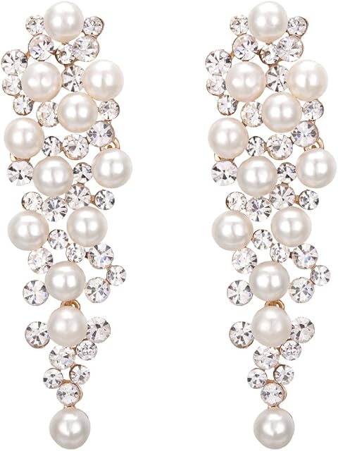 Clearine Women's Wedding Bridal Crystal Simulated Pearl Multi Beaded Cluster Chandelier Dangle Earrings