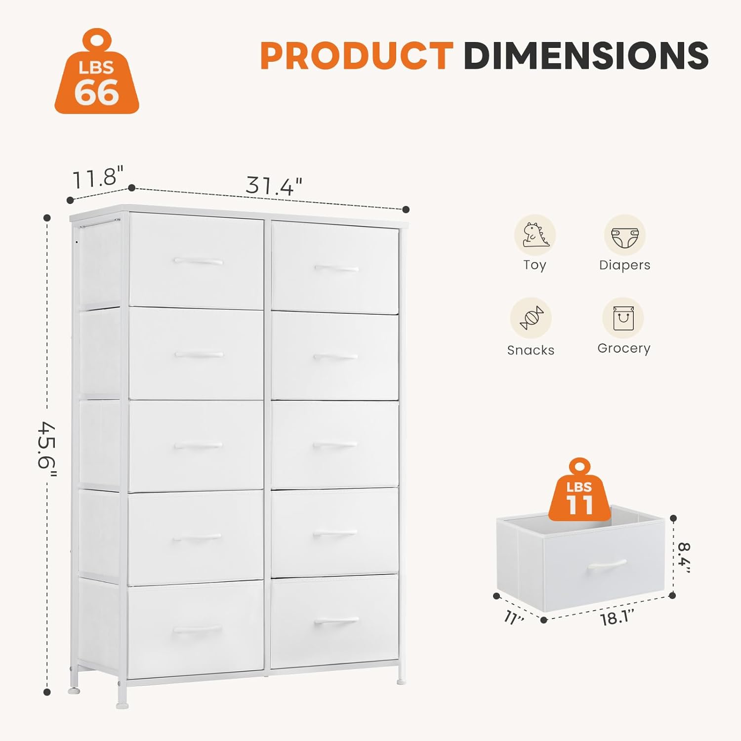 Sweetcrispy 10 Drawer Fabric Dresser Storage Tower with Bins, Tall Chest Organizer for Bedroom Closet Hallway, Steel Frame Wood Top Easy Pull Handles,White