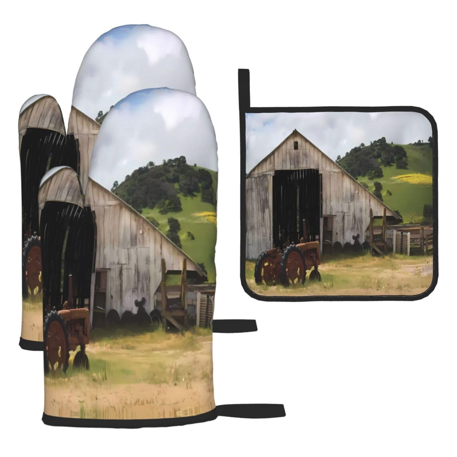 Old Wooden Barn with Rusted Tractor 3-Piece Oven Mitt Set - Printed Heat Resistant Gloves with Pot Holder Mat for Cooking Baking BBQ Grill - Polyester Kitchen Accessories
