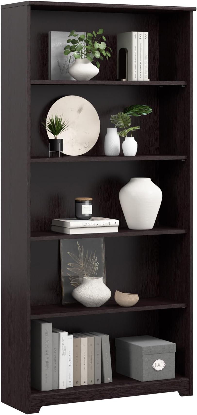 Bush Home Tall 5 Shelf Bookcase, Large Open Bookshelf, Sturdy Display Cabinet for Living Room or Home Office, Cabot Collection, Espresso Oak