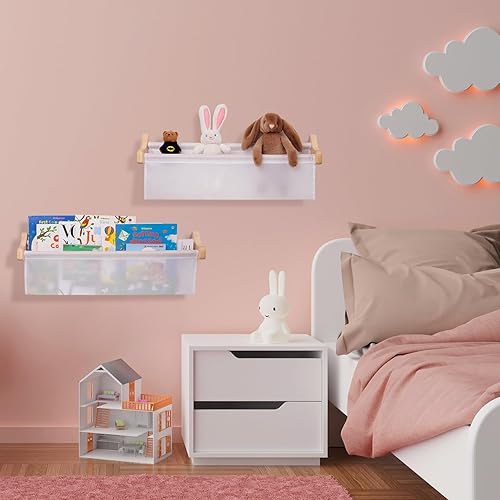 Miniatura 7 de Estantería infantil para habitación, estantes flotantes montados en la pared, estantes para libros de guardería, madera duradera y tela Oxford,