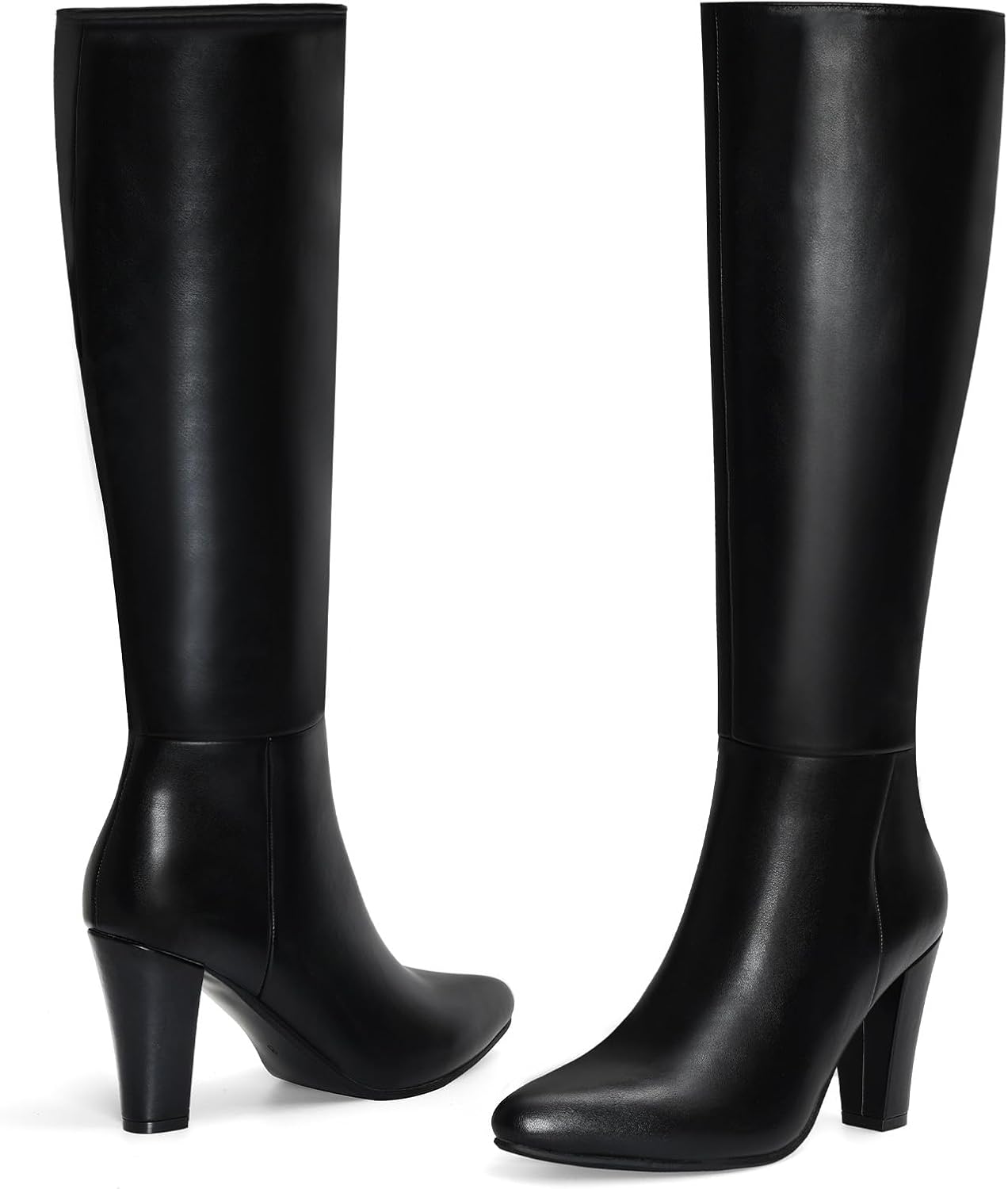 IXU Pointed Toe Knee High Boots for Women with High Chunky Heel Full Zipper image 4