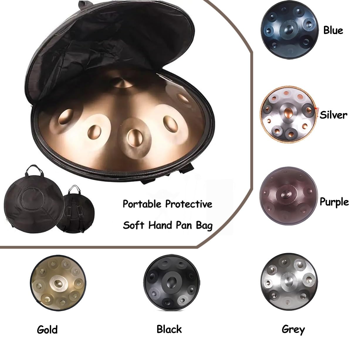Handpan Strumento Musicale, 56cm 440 Hz 9/10/12 Note Tamburo In Acciaio Tongue Drum In Sol Minore Con Bacchette, Supporto Per Batteria, Borsa Per Meditazione Yoga(Nero,9)