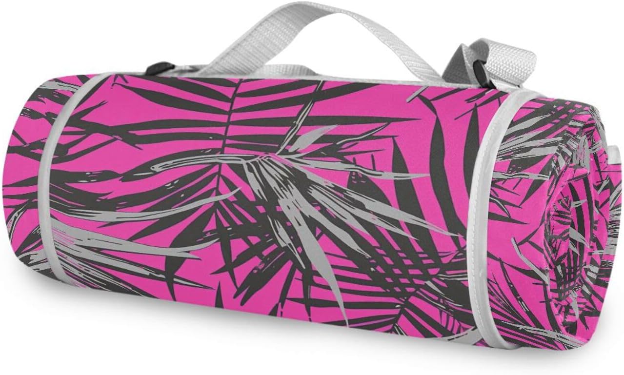 Round Beach Necessities - Fits 2 Adults, Summer Accessories Large Camp Rug Dual Layer, Sand-Free, Soft Throw Rug 58 in (Black Palm Leaves Purple)